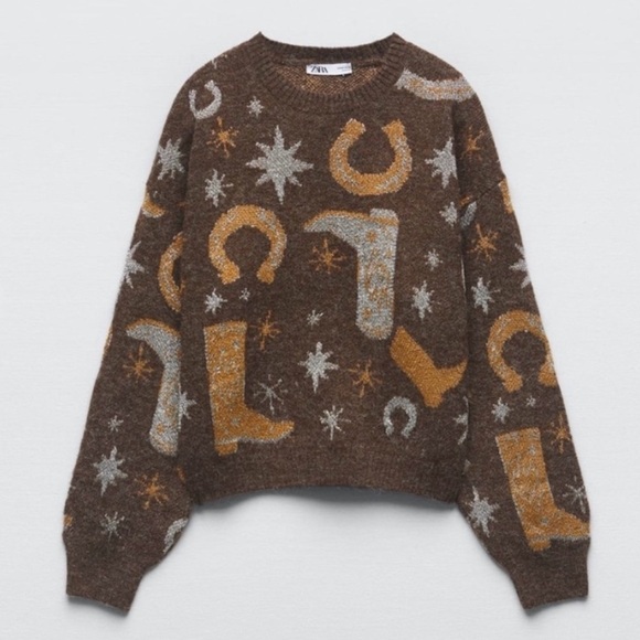 ZARA Western Theme Brown Lurex Sweater - Picture 3 of 10